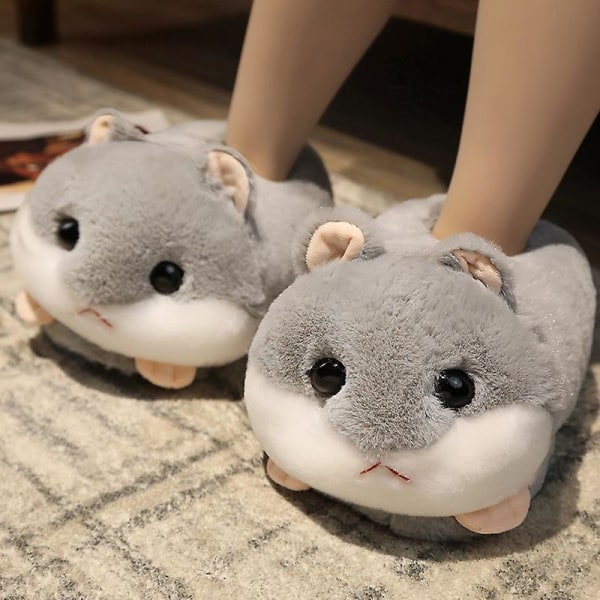 Kanin/Hamster/Hund Formet Plysj Toppstøfler Kreativ Innpakning Fuzzy Varmt Fôret Vinter Dra Sko for Voksne Innendørs 35-41CM Grey Hamster