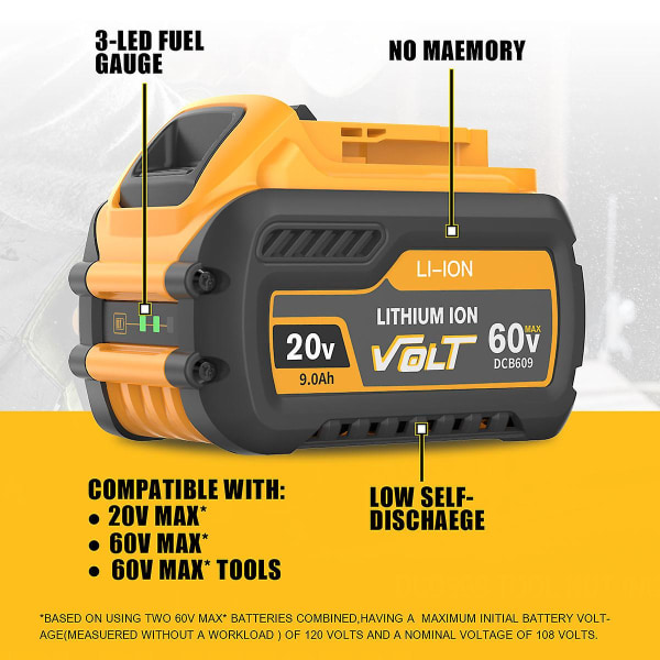 Til Dewalt Flexvolt 20v/60v Max Batteri 9ah Dcb609 Lithium-ion Dcb606 Dcb612 Dcb609 Dcb205 Dcb200 Dcb182 Batteri Til Dewalt 20v 15W Work Light