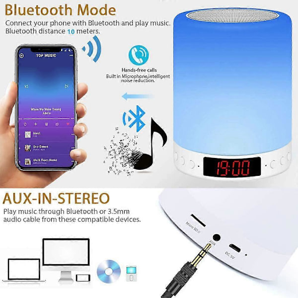 Bluetooth-kaiutinlamppu, Yöpöytälamppu kaiuttimella ja digitaalisella herätyskellolla, tunnelmavalaistus, kaiutin White