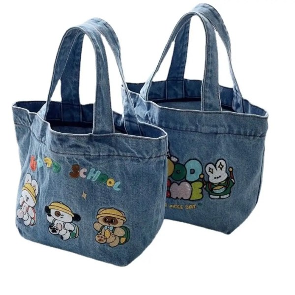 Cartoon Broderi Lunch Bag Söt Stor Kapacitet Tvättat Denim Handväska Mat Förvaring Picknick Påse Utomhus 01