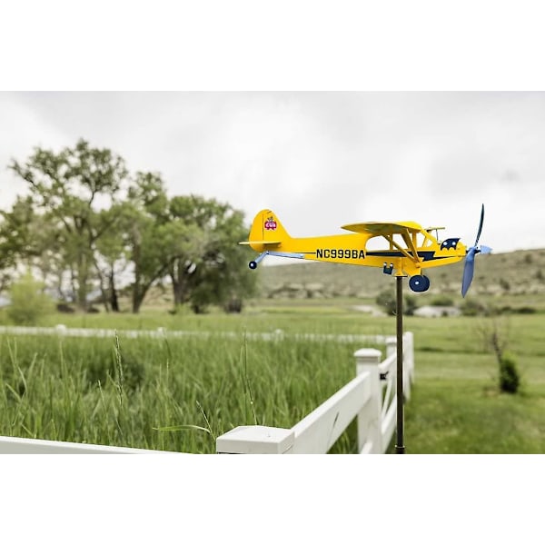 Trädgårdsdekorationer 3D Piper J3 Cub Vindspinnare Flygplan Metall Flygplan Väderflöjel Utomhus Tak Vindriktningsindikator Väderflöjel (FÅ DET) 32*28cm