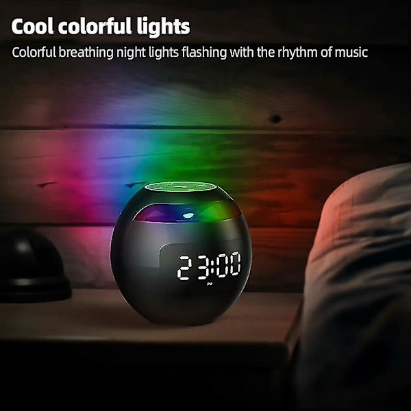 Bærbar kugle Bluetooth-højttaler LED-display vækkeur FM-radio musikafspiller Black