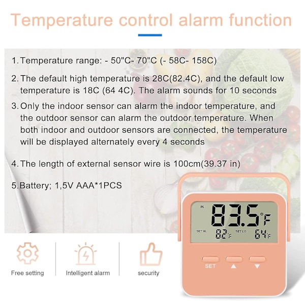 Digital kjøleskaps- og frysertermometer - Høy/Lav temperaturalarm (ekstra sensor)