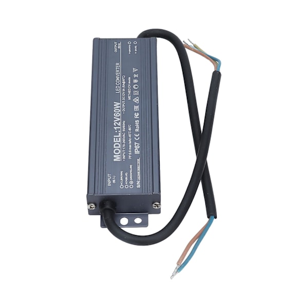 60W IP67 Vandtæt LED Strømforsyning Lysdriver Transformer AC170-265V 12V 5A