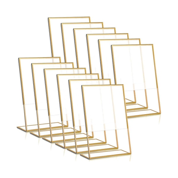 12 stk. Guldramme Akryl Skilteholder Bryllup Bordnummerholder Skråt Menu Dobbeltsidet Stativ, 4BY Gold