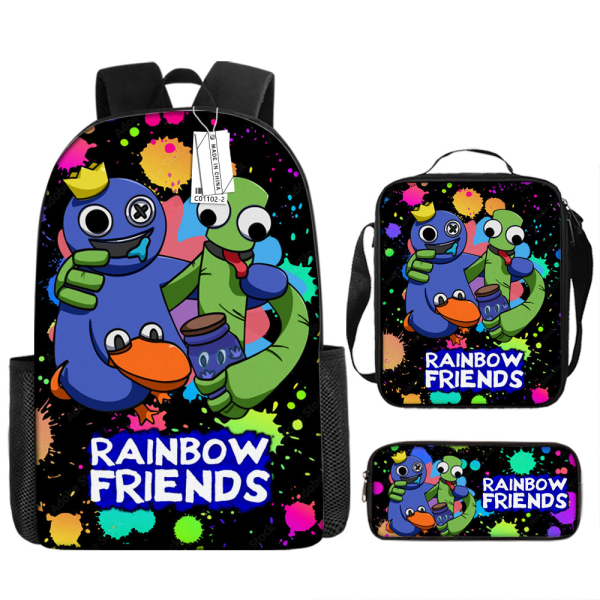 Rainbow Friends -reppu, koululaukku, kynäkotelo ja lounaskassi, kolmiosainen setti