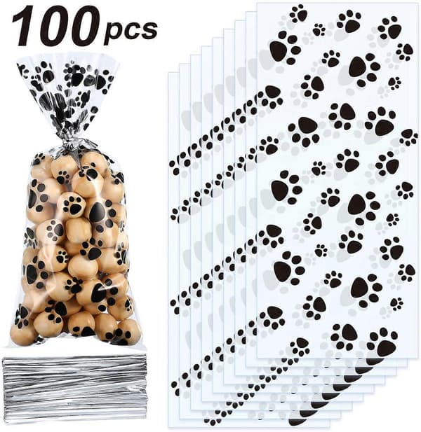 100 stycken konformade glasstrutar med tassavtryck, värmeförseglad godispåse, hundpresentpåse