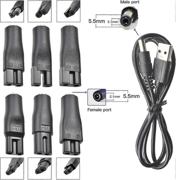 7 stk. 5V Udskiftningsstrømledning til elektriske hårklippere, skægtrimmer USB-adapter [DB]