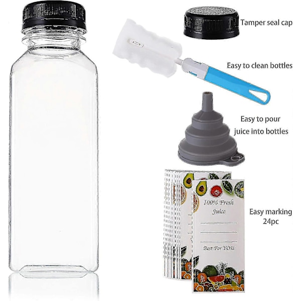 20-pack 12oz Plastflaskor för Juice med Svart Lock, Genomskinliga Återanvändbara Behållare med Lock, Perfekta Engångsflaskor för Juice, Mjölk, Salladsdressing