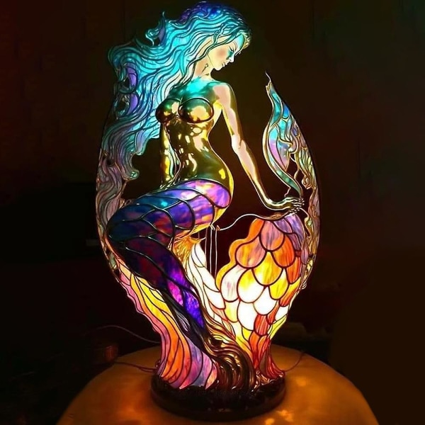 Retro bordslampa för djur i målat glas mermaid