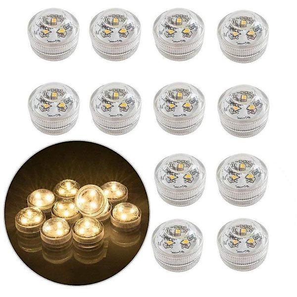 12 LED-ljus utan låga för undervattensbruk, batteridrivna, nedsänkbara, vattentäta dekorativa lampor (varmvit)