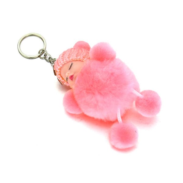 Sovende Baby Sløjfe Fluffy Pompom Plys Dukke Hængende Vedhæng Nøglering Pink Bowknot