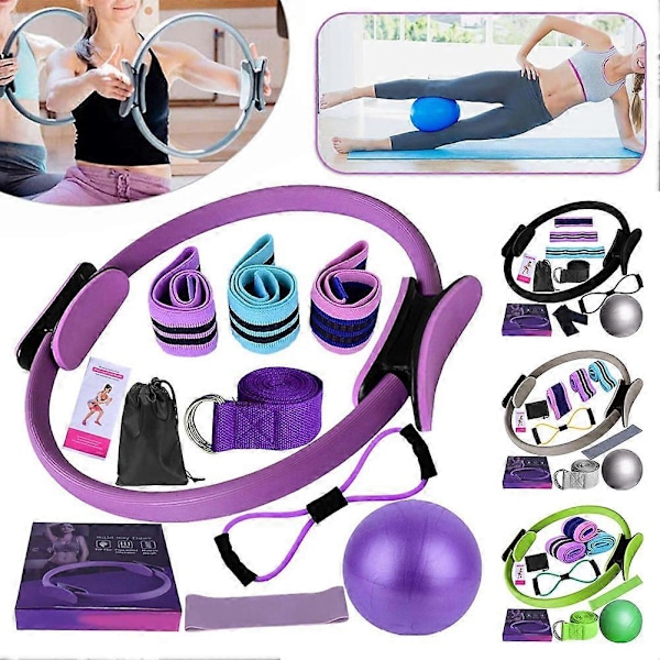 Jooga Fitness 11-osainen setti Pilates-välineet ja -tarvikkeet kotitreeneihin, rengas, vastuskuminauhat, pakaranauhat, joogapallo ja venytyshihnat Green
