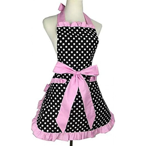 Kjøkkenforkle Søtt forkle Retro Svart Polka Dot Retro Ruffle Edge Retro Kokeforkle Med Lommer, Dame- Og Jentestil (rosa)
