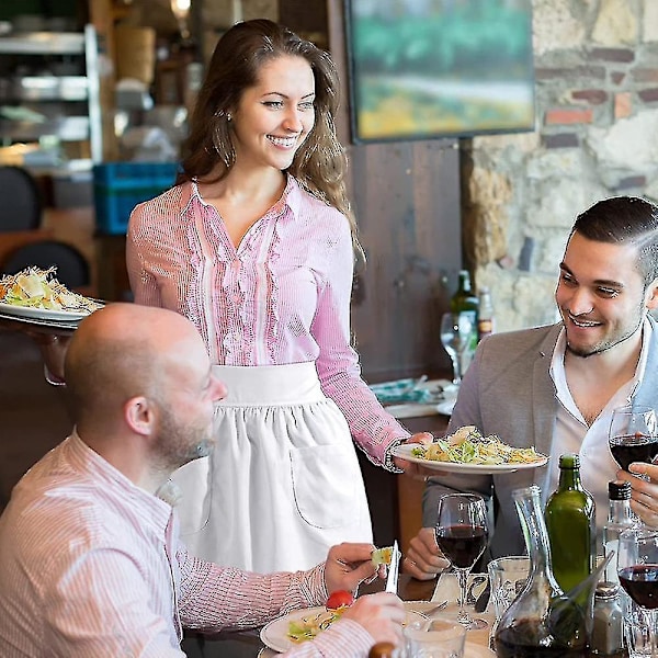 Midjeklänning Köksmatlagning Restaurang 100% Bomull Bistro Halvförkläden Med Ficka För Flicka Kvinna White