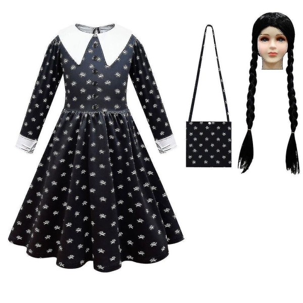 Onsdag The Addams Family Costume Girls Adams Fancy Dress Perukväska Festoutfit V Q Dress Bag Wig Set 160cm