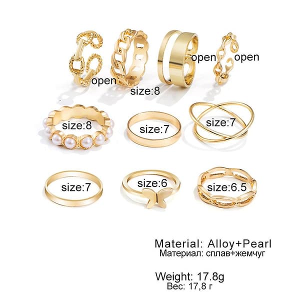 10 stk. Justerbart Ringsett, Dame Punk Geometrisk Enkel Ring, Sommerfugl Perle Ring [DB]