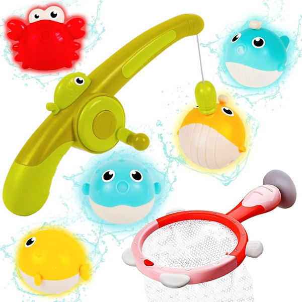 Baby Badelegetøjssæt, Magnetisk LED Lysende Badelegetøj Fiskespil med Fiskestok & Fiskenet, Sansestimulering til Spædbørn & Småbørn, Badekar