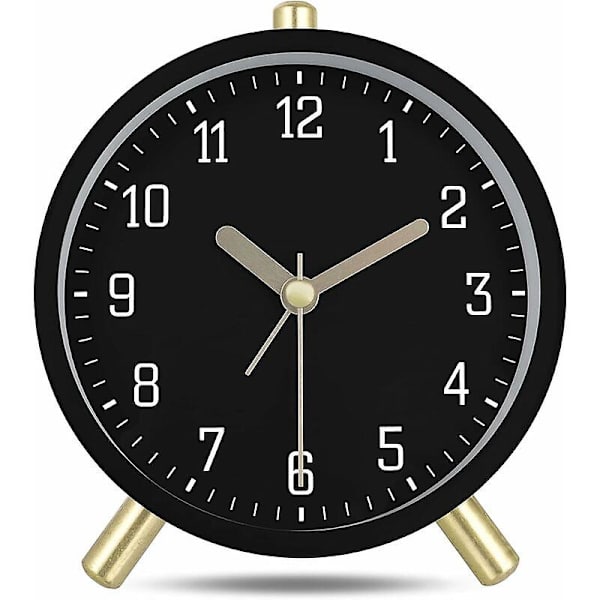 Klassisk sort metal moderne lydløs analog alarmur med simpelt dekorativt lys til soveværelsesnatbord 11cm
