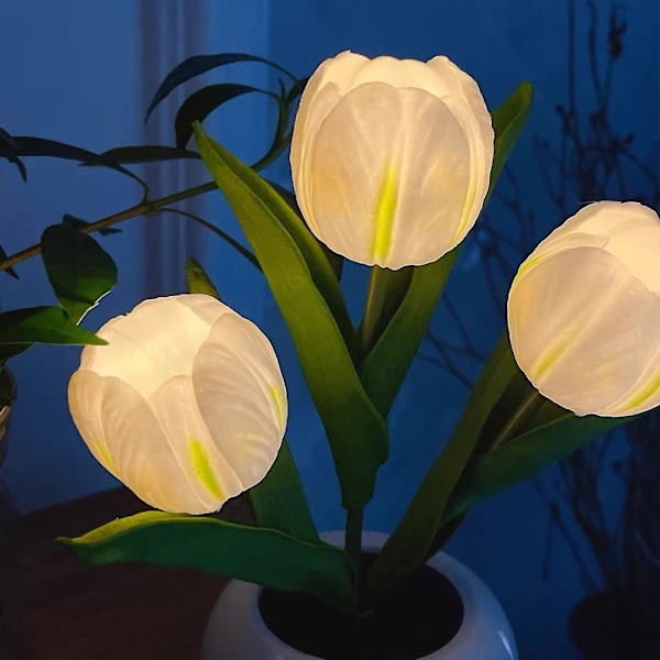 Håndlavet Tulip Natlampe, DIY Hjemmeindretning Simuleringsblomst Soveværelse Bordlampe (3 Blomster) White