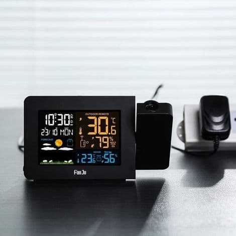 Trådlös väderstation Termometer Hygrometer med sensor, Projektionsväderklocka, Inomhus/Utomhus termometer med RCC radiokontroll, Dubbla larm