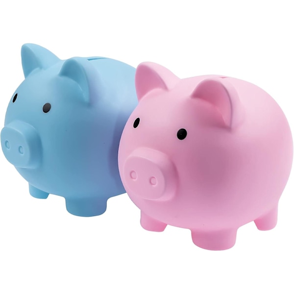 Set of 2 Unbreakable Plastic Pig Piggy Banks with Rotating Bottom Lid, Cute Coin Box, Great Gift Idea for Birthday, Christmas, Baby Shower (Blue+Pink,