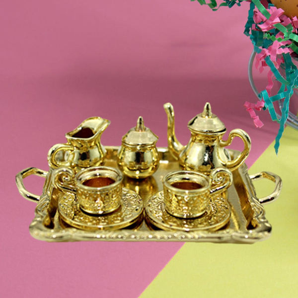 2.64x1.89x0.2 tum Lekte Set med Tetillbehör i Metall för Lekhus Gold