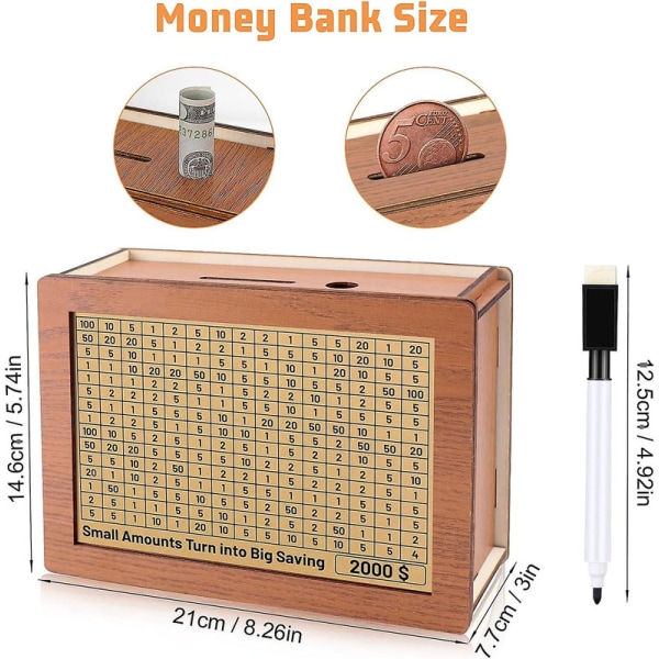 Kontantboks i tre, sparebøsse, sparebøsse med sparemål, retro sparebøsse for barn og voksne gaver  [DmS] US