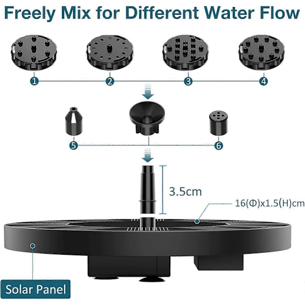 Solcellsdriven Fontänpump, Solenergidriven Vattenfontän med 6 Munstycken, Flytande Solcellsdriven Dammpump för Fågelbad, Trädgård, Damm, Pool och Akvarium