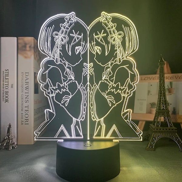 Anime 3D Lampe Rem og Ram fra Re Zero Starting Life in Another World Natlampe til Soveværelsesindretning Fødselsdagsgave LED Natlys (Farve: A)BY B