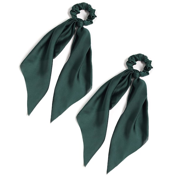 2pcs Knotted Bow Hair Scrunchies Elastic Hair Scarf Hair Ties Bands Satin Hair Ribbon Scrunchy Ponytail for Women and Girls (Dark green)