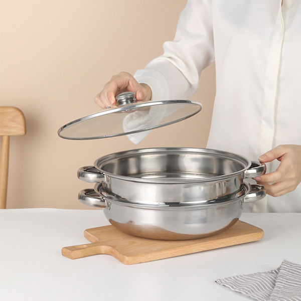 Ångkokare i rostfritt stål för matlagning 2-vånings ångkokare med öra för dumplings grönsaker rätter