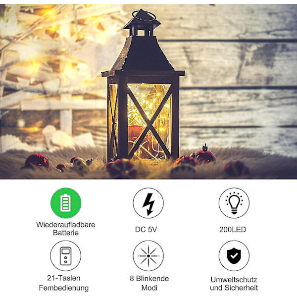 200 LED-ljusslinga 20 m med uppladdningsbart batteri IP68 vattentät 8 lägen koppartråd inomhus/utomhus med fjärrkontroll och timer, ljusslinga för sovrum