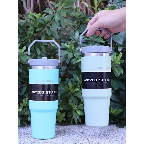 30oz termosflaska rostfritt stål med sugrör Bilsport kaffekopp mugg Termos Bärbar resemugg Stor vattenflaska Fitness White 30OZ-900ML