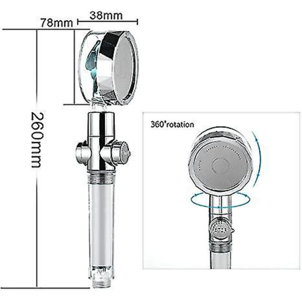 Turboladet Håndholdt Dusjhode, Propelldrevet Dusjhode, Høytrykks Vannbesparende, med Pauseknapp, 360 Grader Rotasjon Blue