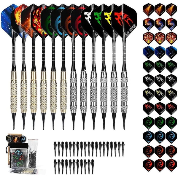 Plastikspids Dart, 18g Soft Tip Dart Sæt Til Elektronisk Dartbræt, 12 Darts Med 36 Fjer Og 100 Spidser, 20 Gummi O-ringe