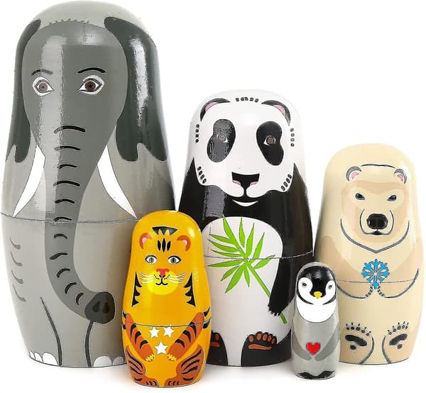 Handgjorda Träfåglar Nesting Dolls Elefant Panda Nesting Dolls - 5 Stycken