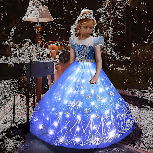 1&2 Anna Elsa LED-lysende kjole for jenter, julekostyme, festkjole, snødronning, karnevalskjole LED Light Up Dress 9-10T (150)