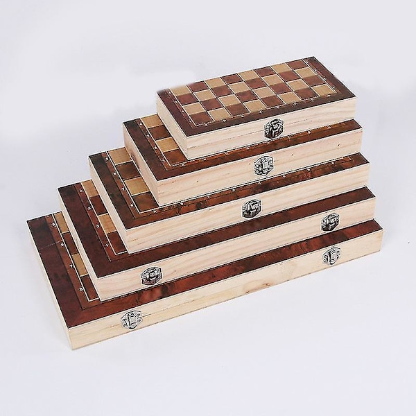 3 i 1 Træ Internationalt Skak Sæt Backgammon Brætspil Damspil Puslespil Foldbart Skakbræt Brown 29x29cm