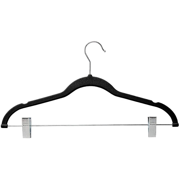 10-pack klädhängare med klämmor, svarta sammetshängare, använd för kjol och klädhängare byxor black  silver