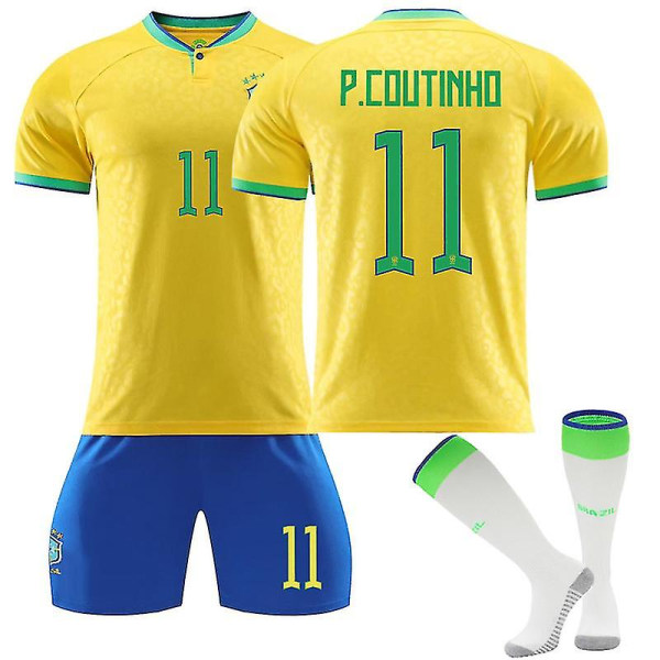 2022-2023 Uusi Brasilian maajoukkueen pelipaita aikuisille Jalkapallopaita Harjoitus T-paita Lapset Jalkapallopaita P.COUTINHO NO.11 Kids 26(140-150CM)