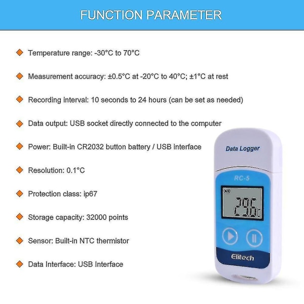 Elitech Rc-5 Høy presisjon digital USB temperatur datalogger kompatibel lager lagring kjølt transport laboratorium  (FMY)