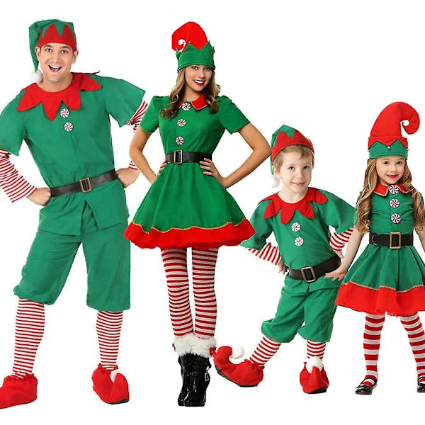 Jul Familjematchande Kläder Pojke Flicka Elf Julkläder Set Vuxen Grön Röd Fest Toppar Byxor Hatt Bälte Outfit Cosplay Kostym[HK] Adult Size 160 ER43B0