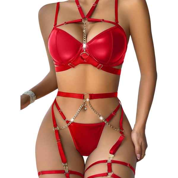 osy Kvinnor Sexig Strappy Push Up Strumpeband Underkläder Set Blommor Spets Skirt 3-delat Läder Röd Stor