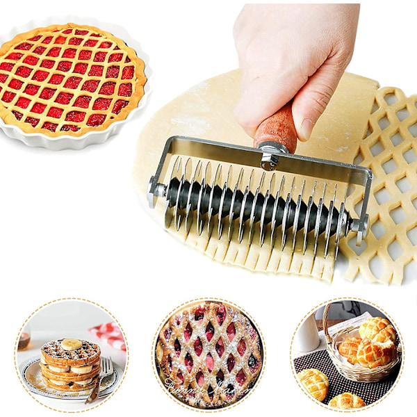 Stainless Steel Lattice Cutter, Dough Lattice Roller Cutter Baking Tool Cookie Pie Pizza Bread Pastry Crust Roller Cutter With Wood Handle, Household