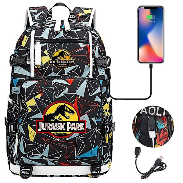Jurassic Park Dinosaurie USB-laddningsryggsäck för pojkar, flickor, barn - Stora skolväskor med stor kapacitet, tonåringar - Vattentät bärbar dator Reseryggsäck 8