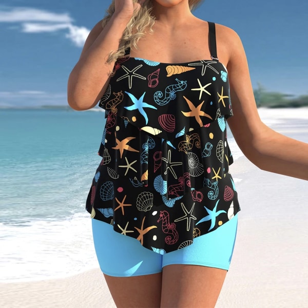 Plus Size Sexet Rygløs Svømmesæt Kvinder Kaskaderende Flæse Suspender Badetøj Sommer Ny Bikini Svømmekjole Tegneserie Print Strandtøj Black L