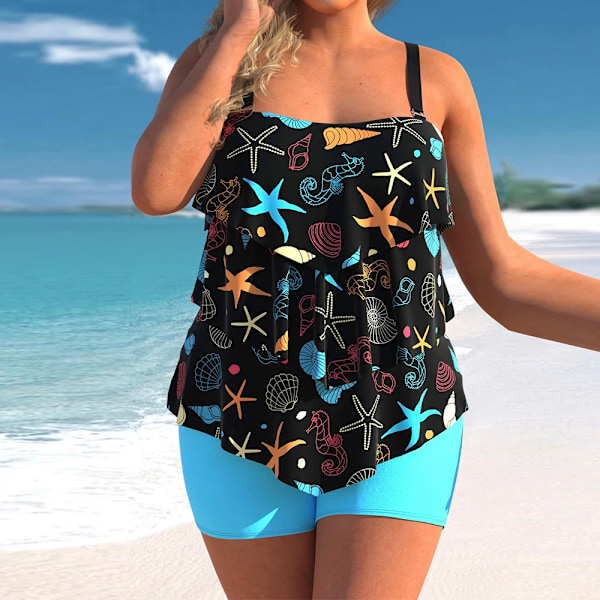 Plus Size Sexig Rygglös Baddräkt Set Kvinnor Kaskad Volang Hängsle Baddräkt Sommar Ny Bikini Baddräkt Serietecknad Tryck Strandkläder Cyan 4XL