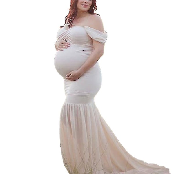 Gravid kvinnors off Shoulder Photography Gravid Maxiklänning Foto Klänningar-5 White