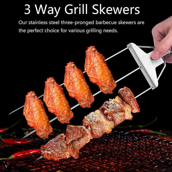 3-vejs Grillspyd, 3-takkede Rustfrit Stålspyd Til Grillning, Metal Grillspyd Semi-automatisk Grillgaffel Med TrykstangsskyderBY 1 Set